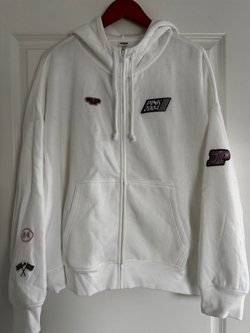 New V.S. PINK White 2004 Racing Logo Full Zip Up Drawstring Hoodie XXL - Picture 1 of 5